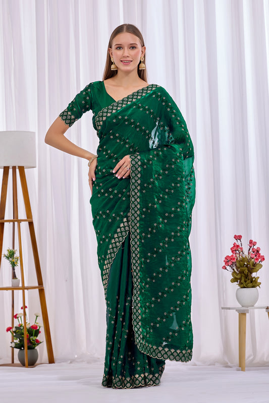 Full length front look of Bottle Green satin floral thread work designer border saree draped on model — Chandrikas