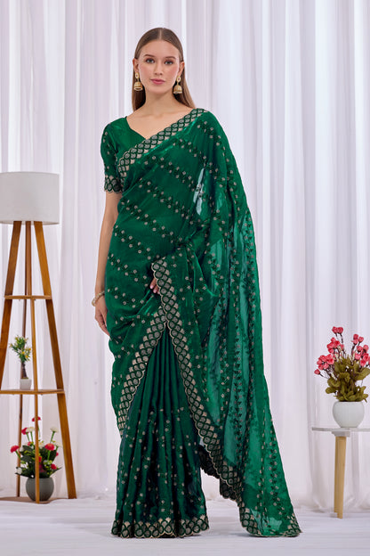 Pallu drape detail of Bottle Green satin floral thread work designer border saree with all-over embroidery — Chandrikas