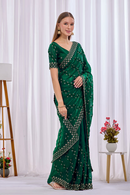 Side pose showing pleats and border of Bottle Green satin floral thread work designer border saree — Chandrikas