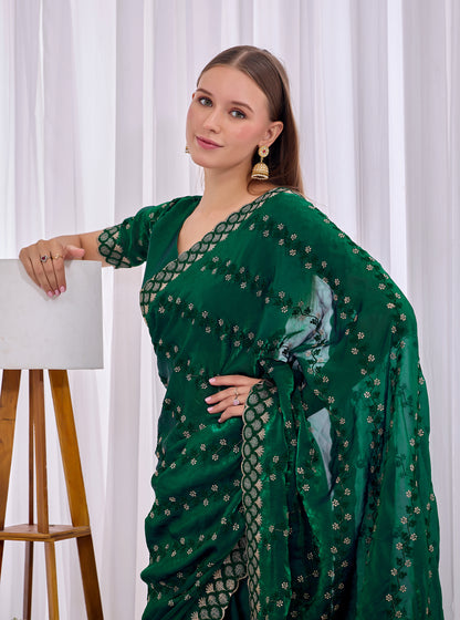 Stylish pose in Bottle Green satin floral thread work designer border saree with embellished blouse — Chandrikas