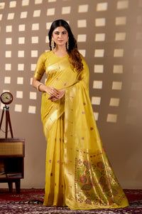 Woman in front pose wearing bright yellow Banarasi-Paithani Meenakari cotton saree — Chandrikas