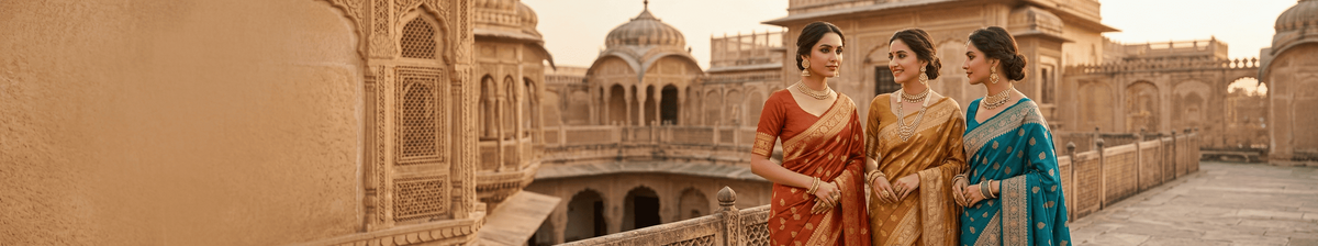 Chandrikas about us — women wearing traditional silk sarees at heritage location
