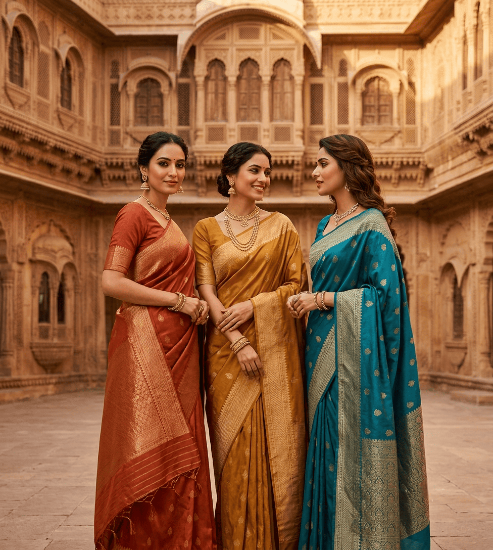 Chandrikas about us — women wearing traditional silk sarees at heritage location