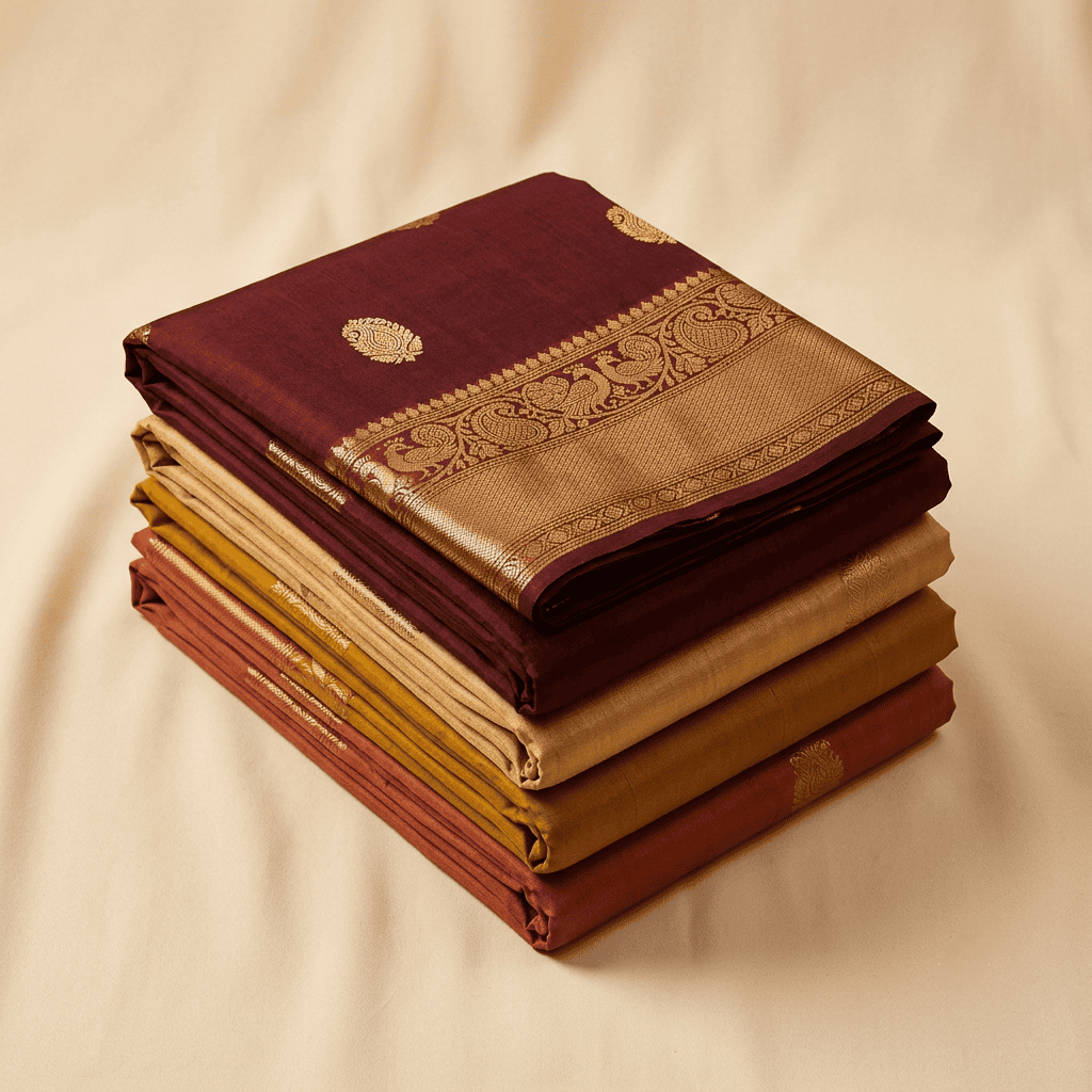 Stack of folded silk sarees in maroon and gold tones showcasing zari border work — Chandrikas our story and craftsmanship