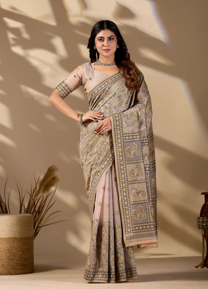 Woman in front pose wearing classic beige Banarasi cotton jacquard jaal saree — Chandrikas