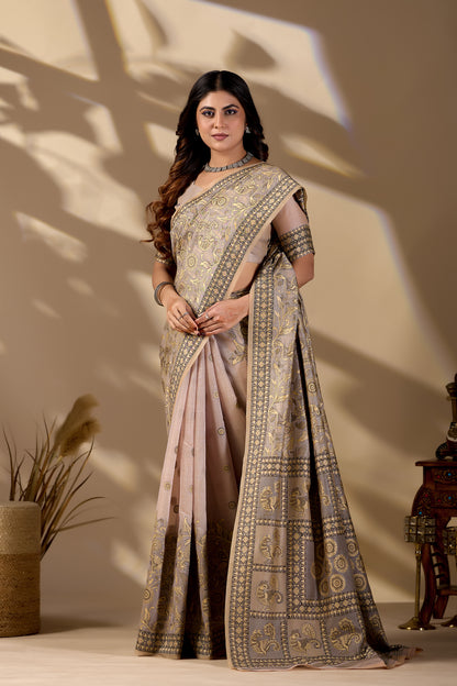 Woman in standing pose wearing classic beige Banarasi cotton jacquard jaal saree — Chandrikas