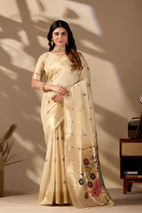 Cream Beige Banarasi-Paithani Fusion Jacquard Cotton Saree