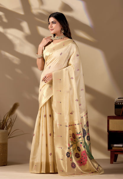 Woman in standing pose wearing cream beige Banarasi-Paithani fusion cotton saree — Chandrikas