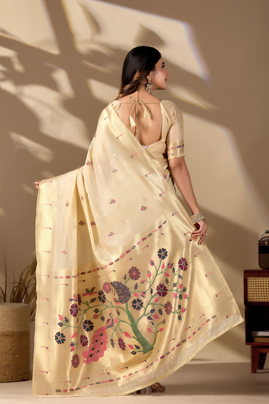 Woman in walking pose wearing cream beige Banarasi-Paithani fusion cotton saree — Chandrikas