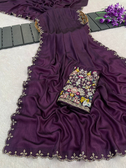 Deep purple Tesla saree flatlay with floral embroidered border and matching blouse — Chandrikas