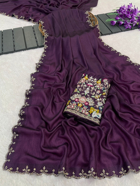 Deep purple Tesla saree flatlay with floral embroidered border and matching blouse — Chandrikas