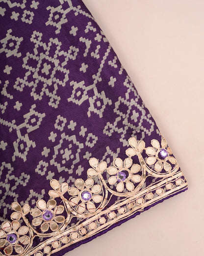 Close-up of deep purple pure Gajji silk blouse piece showing floral gota border — Chandrikas
