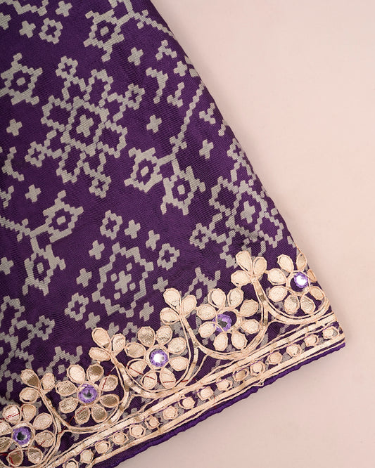 Close-up of deep purple pure Gajji silk blouse piece showing floral gota border — Chandrikas