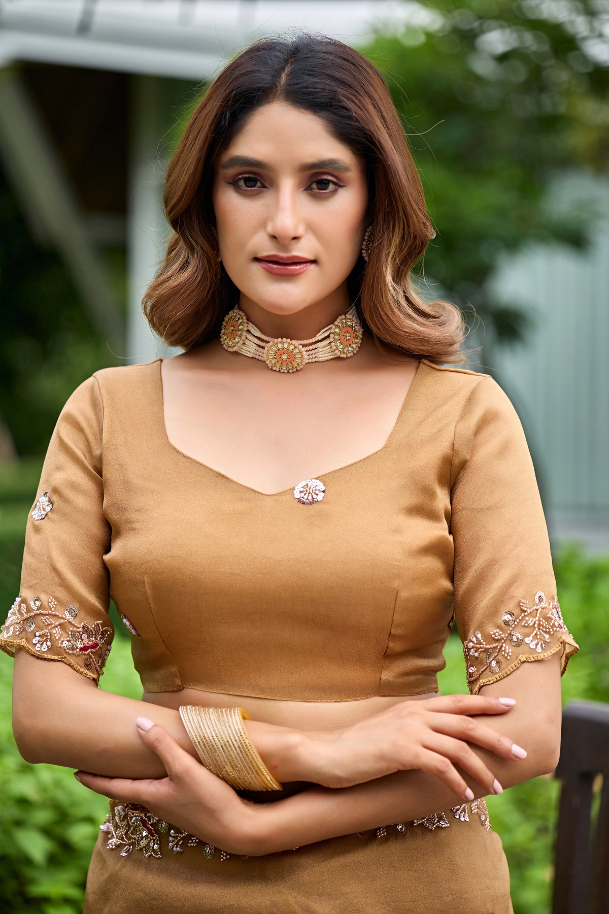 Close up of dusty gold sequin floral embroidered tissue silk saree with matching blouse — Chandrikas