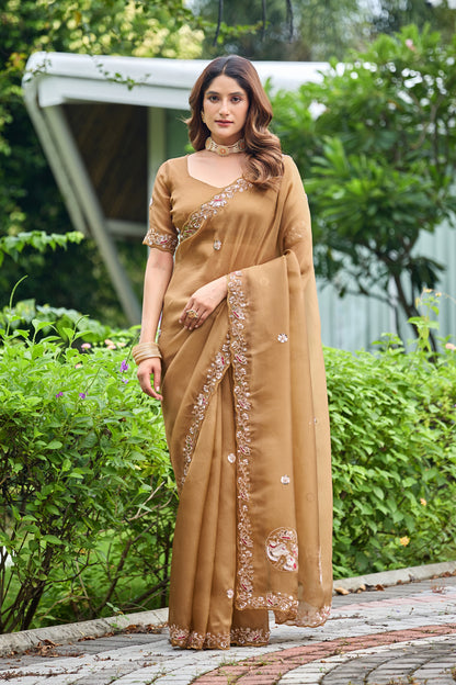 Woman standing in front pose wearing dusty gold sequin floral embroidered tissue silk saree — Chandrikas