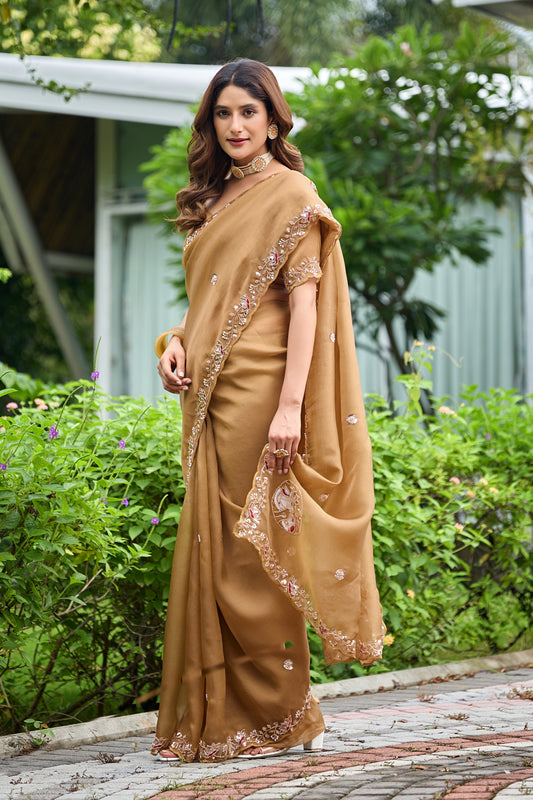 Woman in side pose wearing dusty gold sequin floral embroidered tissue silk saree with embroidered border — Chandrikas