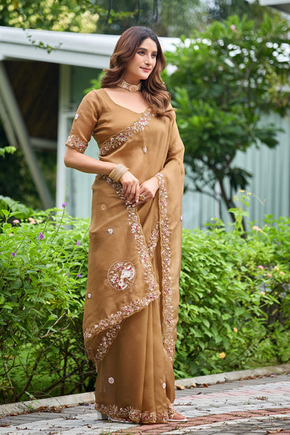 Woman in standing pose wearing dusty gold sequin floral embroidered tissue silk saree with border — Chandrikas