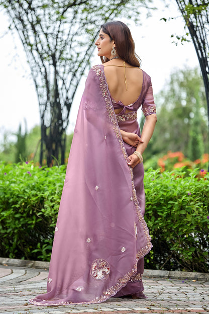 Woman in back pose wearing dusty lavender sequin floral embroidered tissue silk saree showing pallu — Chandrikas