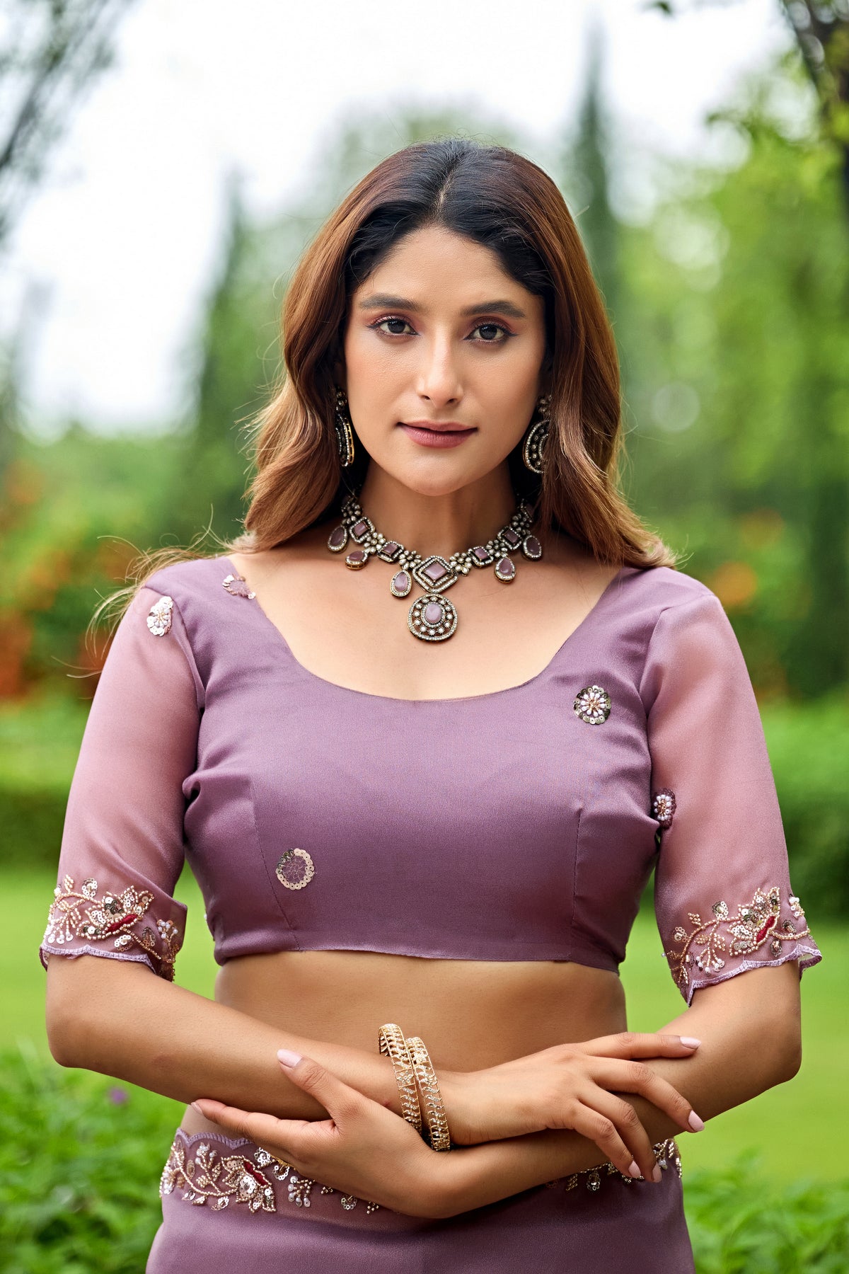Close up of dusty lavender sequin floral embroidered tissue silk saree with matching blouse — Chandrikas