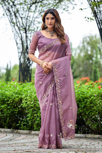 Dusty Lavender Sequin Floral Embroidered Tissue Silk Saree