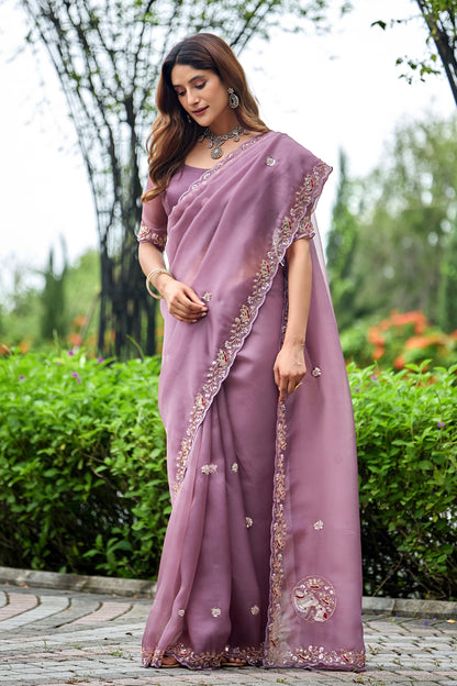 Woman in side pose wearing dusty lavender sequin floral embroidered tissue silk saree with border — Chandrikas