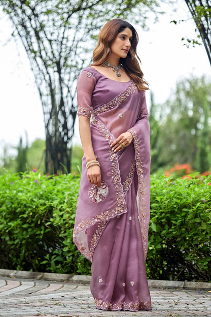 Woman in standing pose wearing dusty lavender sequin floral embroidered tissue silk saree with border — Chandrikas