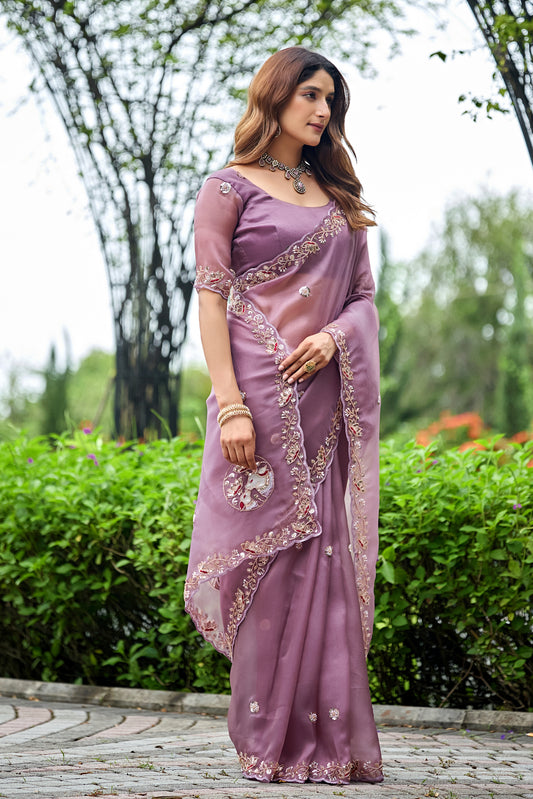 Woman in standing pose wearing dusty lavender sequin floral embroidered tissue silk saree with border — Chandrikas