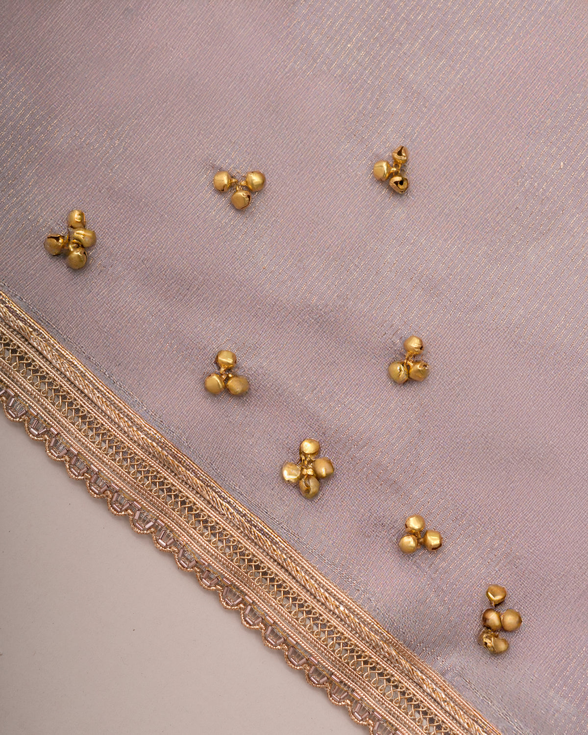 Dusty lavender tissue cotton matching blouse piece with gold bead ghungroo detailing and zari border — Chandrikas