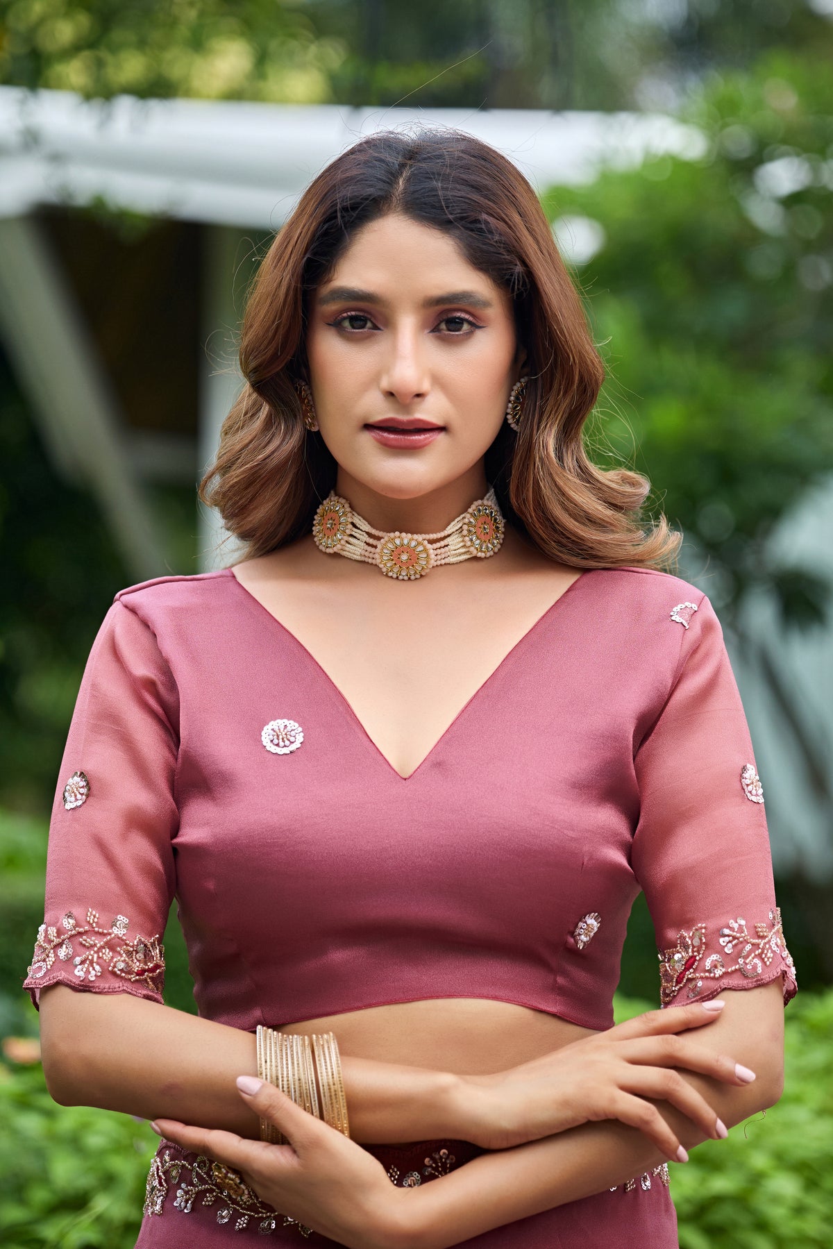 Close up of dusty pink sequin floral embroidered tissue silk saree with matching blouse — Chandrikas