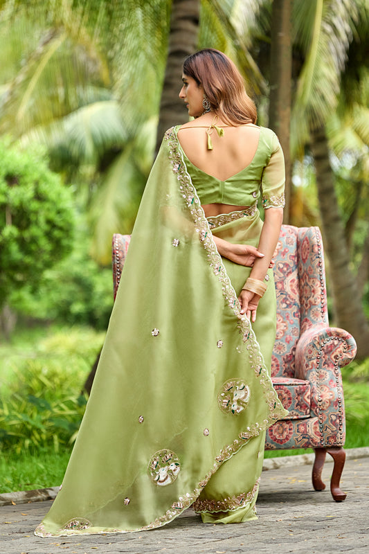 Woman in back pose wearing dusty pista sequin floral embroidered tissue silk saree showing pallu — Chandrikas