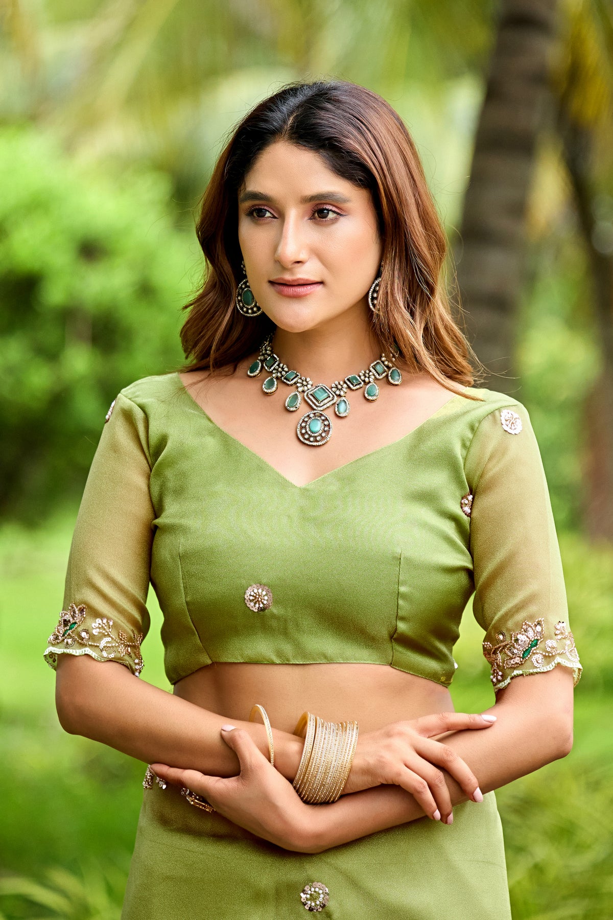 Close up of dusty pista sequin floral embroidered tissue silk saree with matching blouse — Chandrikas