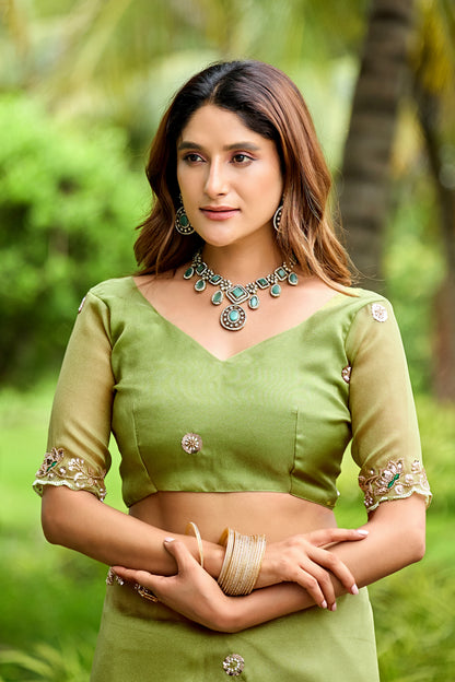 Close up of dusty pista sequin floral embroidered tissue silk saree with matching blouse — Chandrikas
