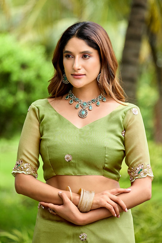 Close up of dusty pista sequin floral embroidered tissue silk saree with matching blouse — Chandrikas
