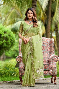 Dusty Pista Sequin Floral Embroidered Tissue Silk Saree