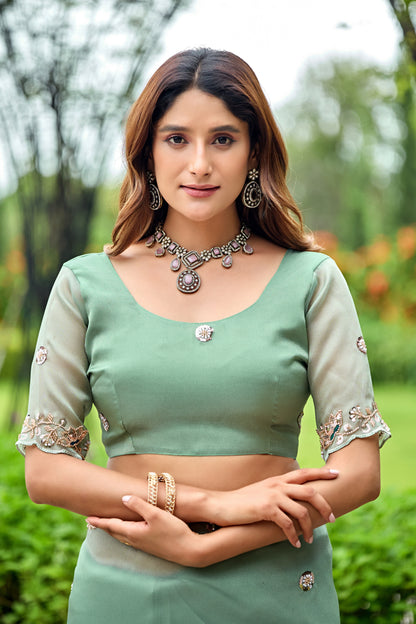 Close up of dusty rama sequin floral embroidered tissue silk saree with matching blouse — Chandrikas