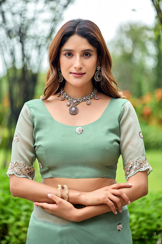 Close up of dusty rama sequin floral embroidered tissue silk saree with matching blouse — Chandrikas