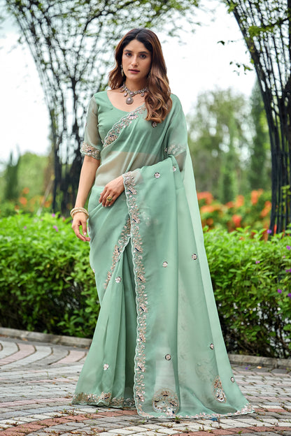 Woman standing in front pose wearing dusty rama sequin floral embroidered tissue silk saree — Chandrikas