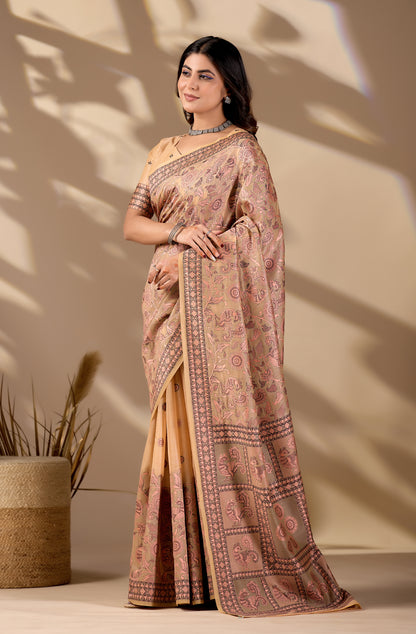 Woman in standing pose wearing dusty rose Banarasi cotton jacquard jaal saree — Chandrikas