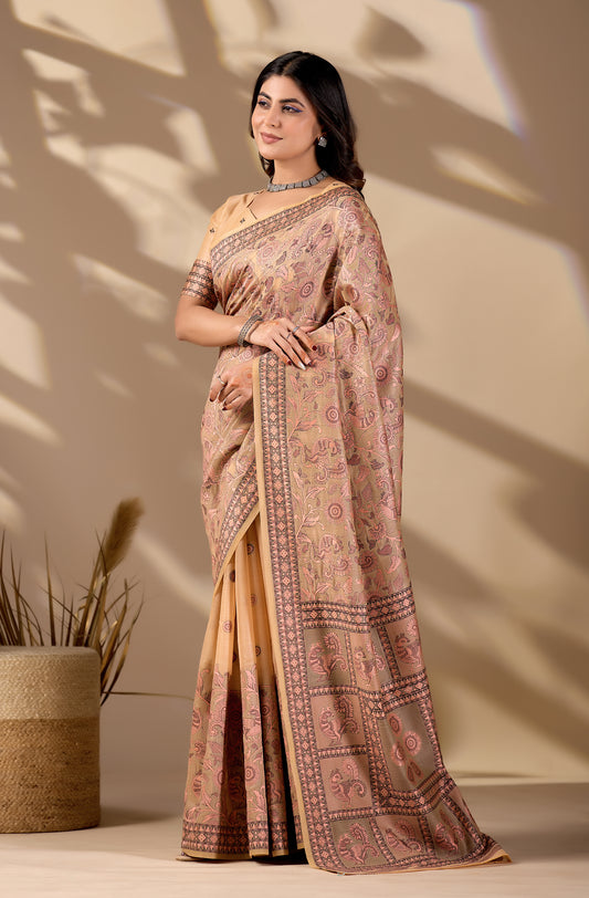 Woman in standing pose wearing dusty rose Banarasi cotton jacquard jaal saree — Chandrikas