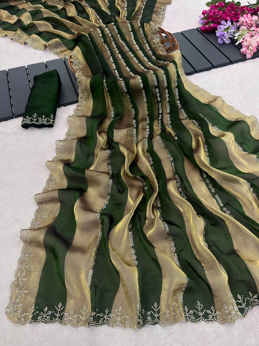 Closeup of fern green striped satin patta saree flatlay showing golden border detail — Chandrikas