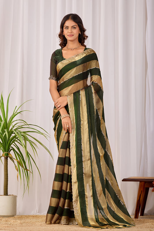 Woman in front pose wearing fern green striped satin patta saree with golden border — Chandrikas