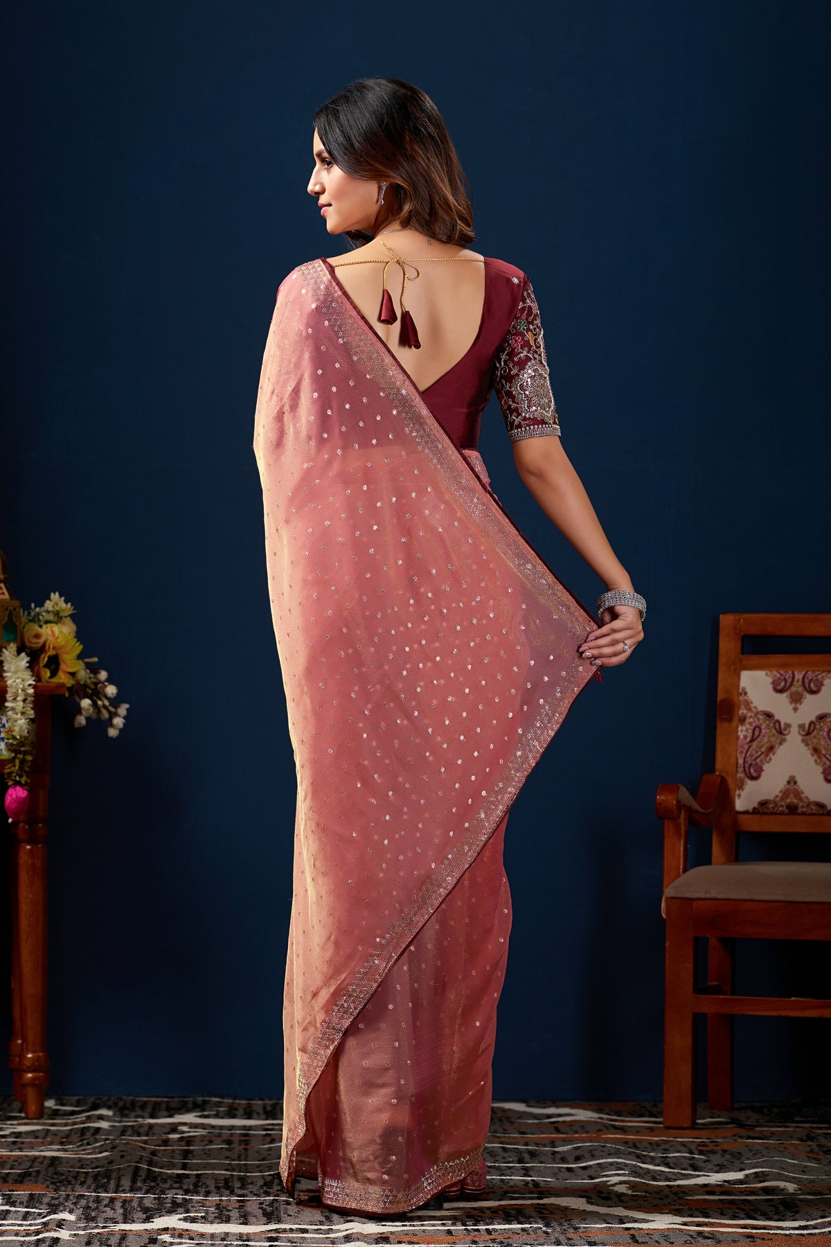 Back view of Gajri shimmer work designer border NC Moss saree with pallu and blouse back — Chandrikas