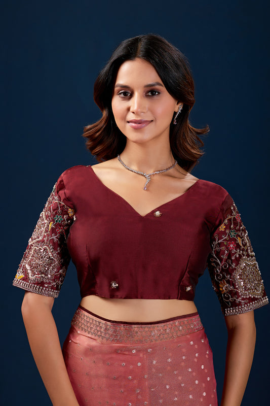 Model wearing Gajri shimmer work designer border NC Moss saree with embroidered maroon blouse front view — Chandrikas