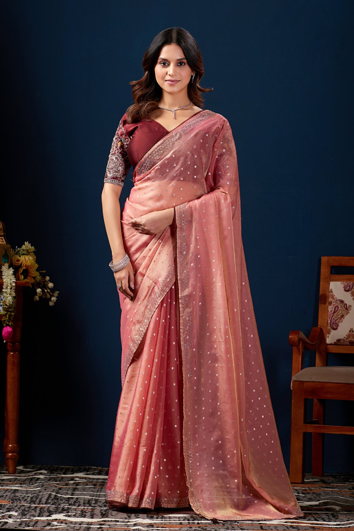 Full length front look of Gajri shimmer work designer border NC Moss saree draped on model — Chandrikas