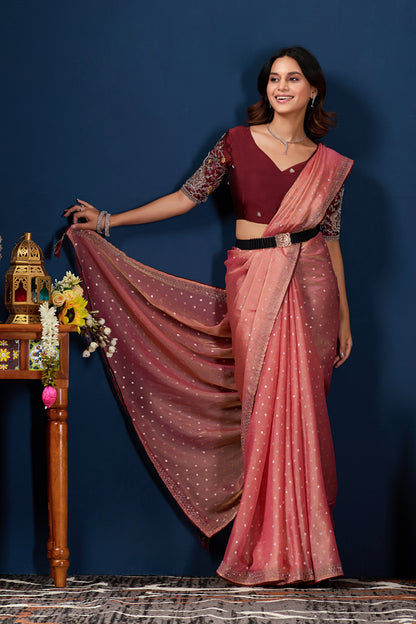 Model holding the pallu of Gajri shimmer work designer border NC Moss saree to show shimmer work — Chandrikas