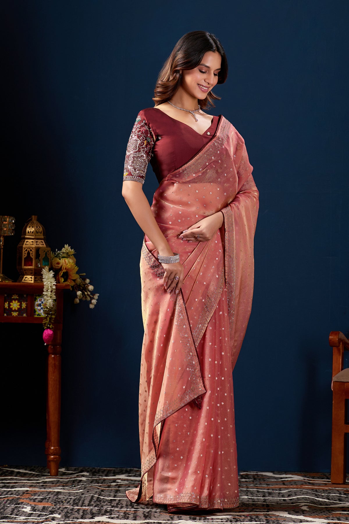 Standing pose showing pleats and border of Gajri shimmer work designer border NC Moss saree — Chandrikas