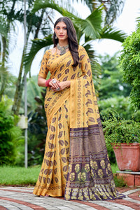 Golden Mustard Leaf Print Cotton Saree