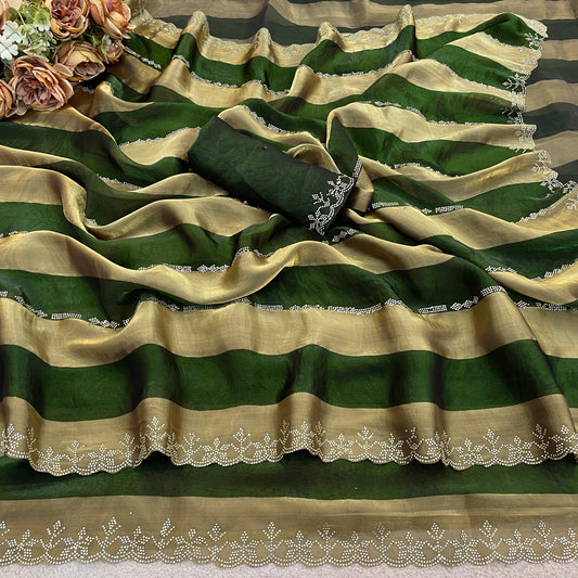 Fern green striped satin patta saree flatlay with golden border and embellished edge — Chandrikas