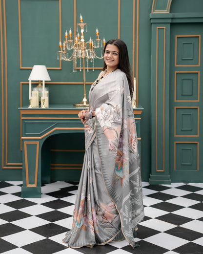 Woman in front pose wearing grey woven lotus floral digital print cotton saree — Chandrikas