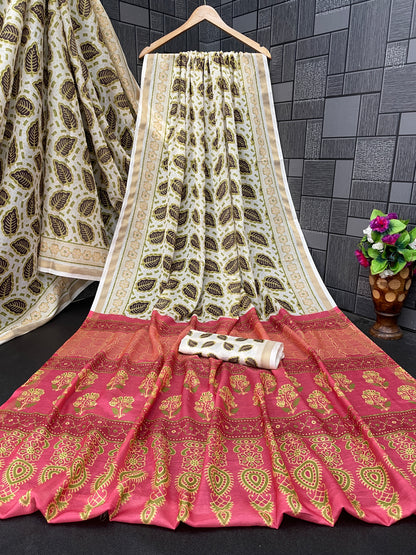 Ivory cream leaf print cotton saree flatlay with pink border and matching blouse — Chandrikas